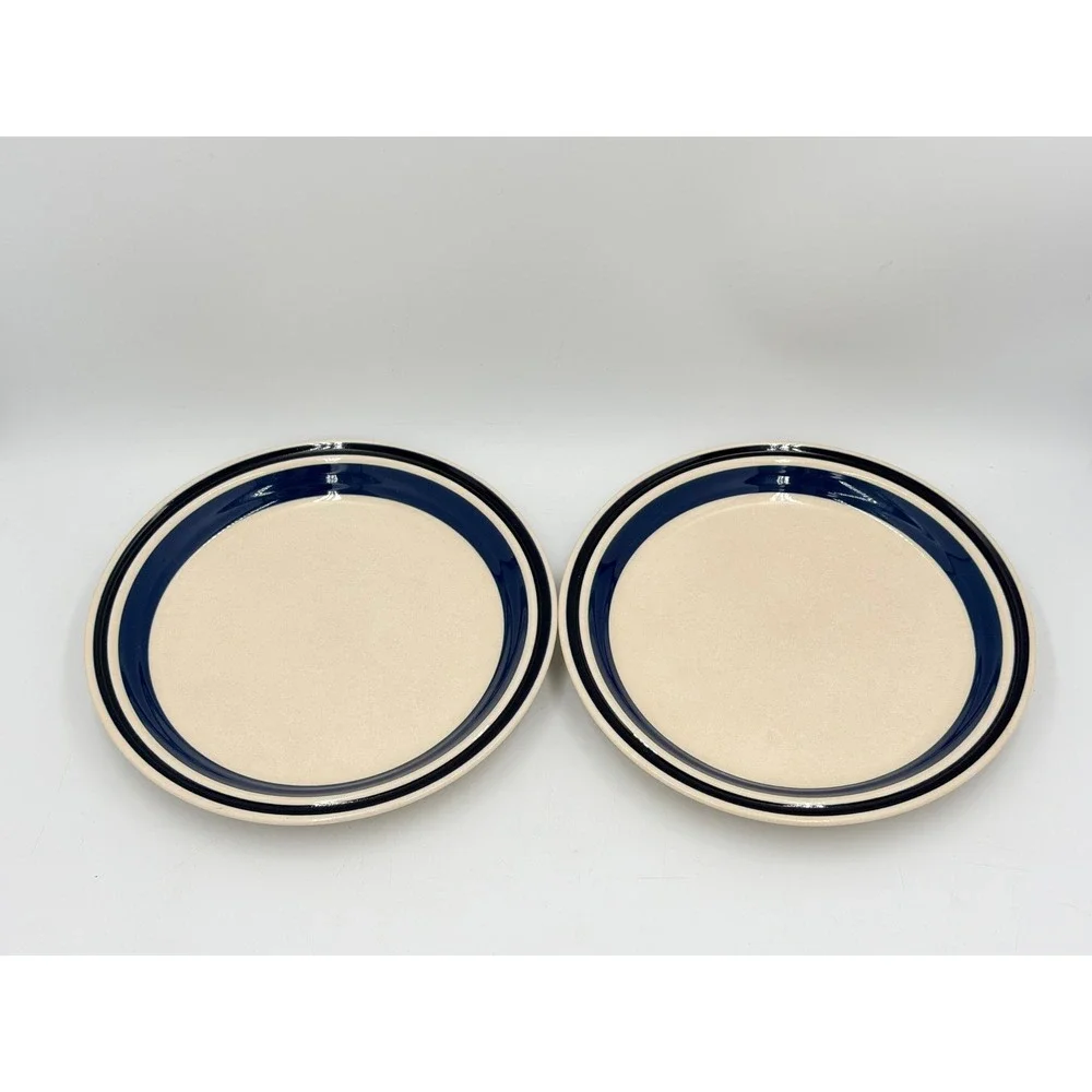 Estate Hearthside Salad Plates Set 2 Cream Navy Blue Banded Stoneware Japan